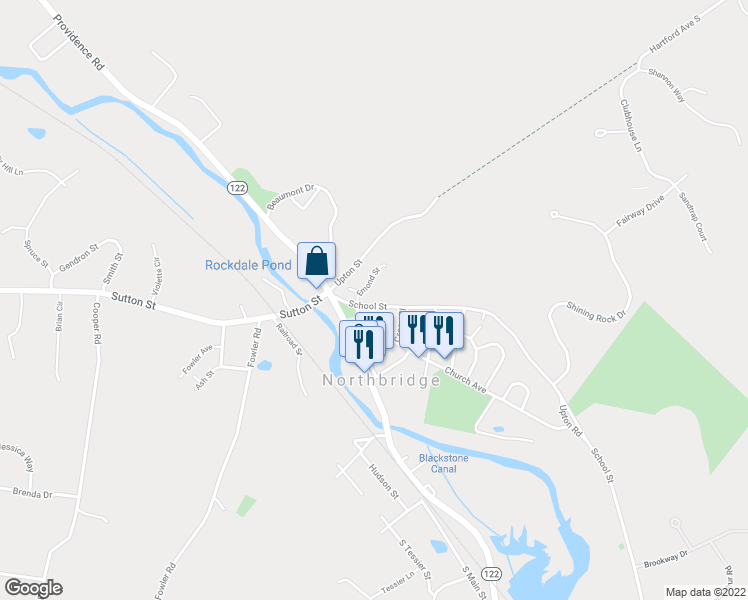 map of restaurants, bars, coffee shops, grocery stores, and more near 53 School Street in Northbridge
