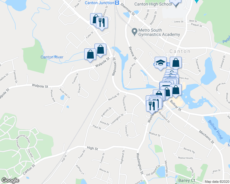 map of restaurants, bars, coffee shops, grocery stores, and more near 174 Neponset Street in Canton