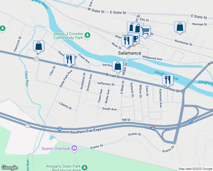 map of restaurants, bars, coffee shops, grocery stores, and more near 70 Jefferson Street in Salamanca
