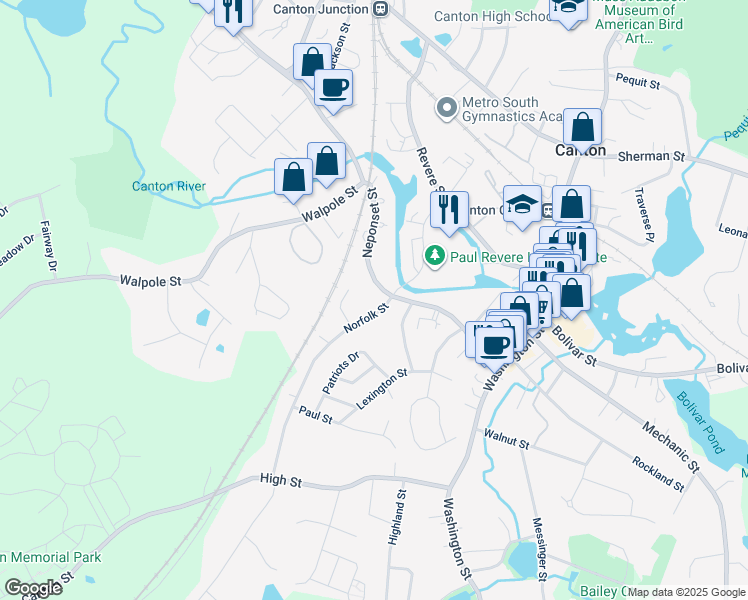 map of restaurants, bars, coffee shops, grocery stores, and more near 174 Neponset Street in Canton