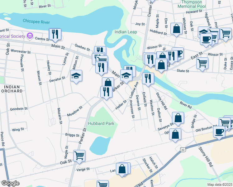 map of restaurants, bars, coffee shops, grocery stores, and more near 42 Parker Street in Springfield