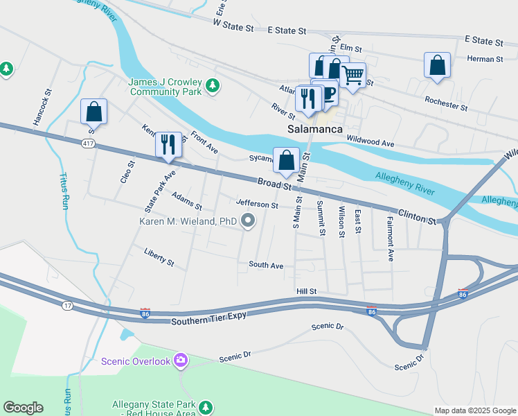 map of restaurants, bars, coffee shops, grocery stores, and more near 70 Jefferson Street in Salamanca