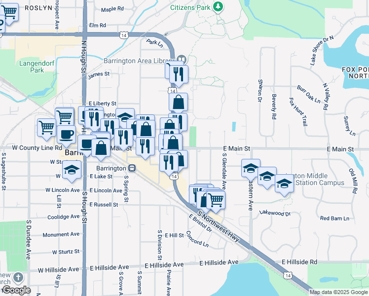 map of restaurants, bars, coffee shops, grocery stores, and more near 504 East Main Street in Barrington