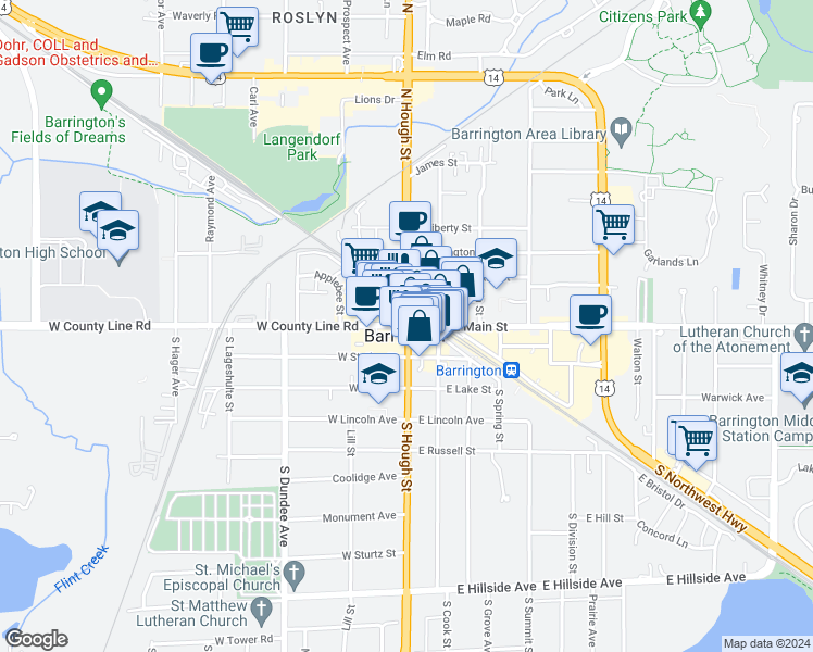 map of restaurants, bars, coffee shops, grocery stores, and more near in Barrington