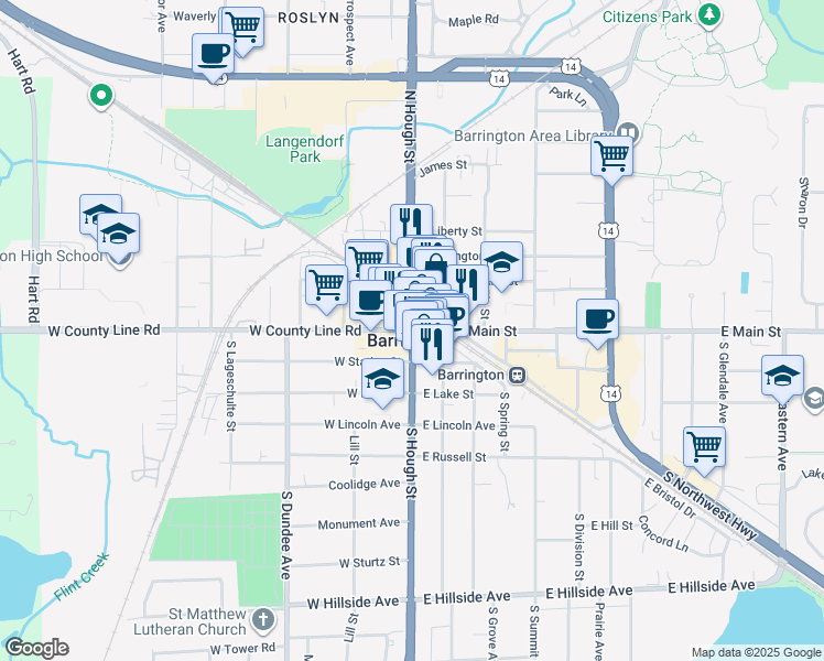 map of restaurants, bars, coffee shops, grocery stores, and more near 101 West Main Street in Barrington