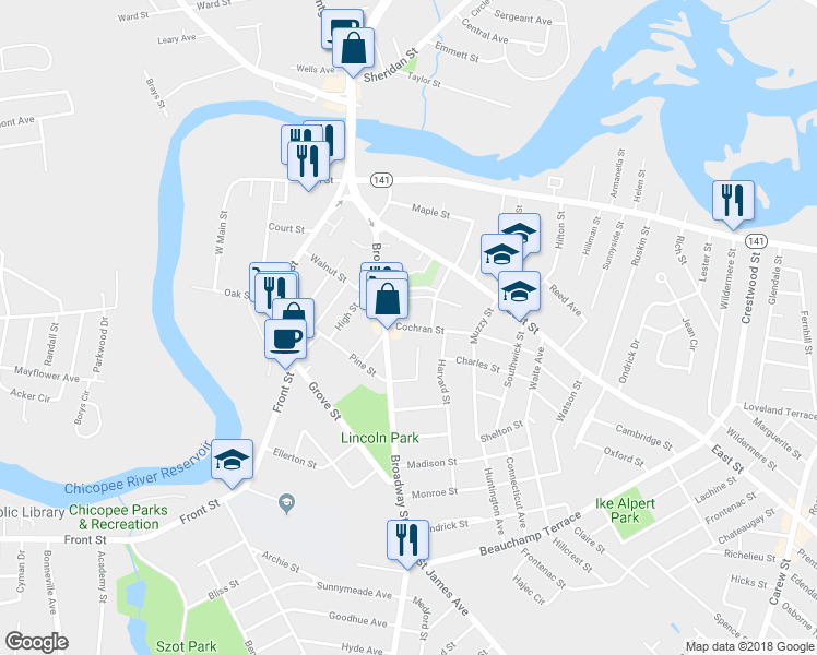 map of restaurants, bars, coffee shops, grocery stores, and more near 22 Cochran Street in Chicopee