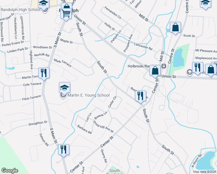 map of restaurants, bars, coffee shops, grocery stores, and more near 3 Nightingale Circle in Randolph