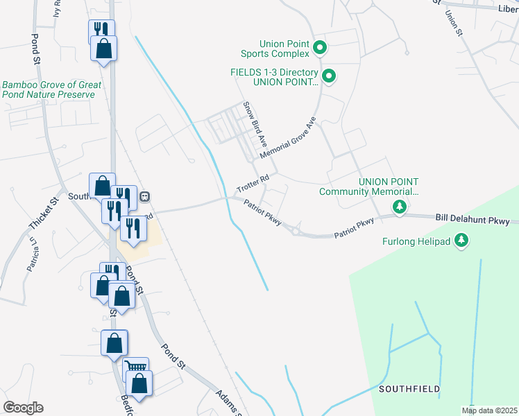 map of restaurants, bars, coffee shops, grocery stores, and more near 22 Patriot Parkway in Weymouth