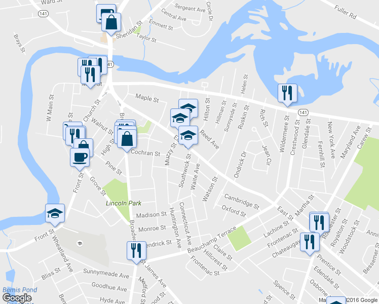 map of restaurants, bars, coffee shops, grocery stores, and more near 203 East Street in Chicopee