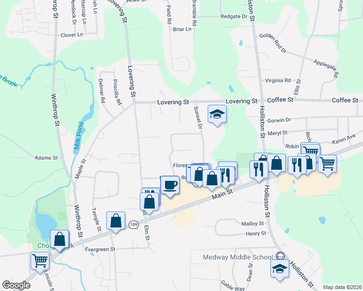 map of restaurants, bars, coffee shops, grocery stores, and more near 20 Florence Circle in Medway