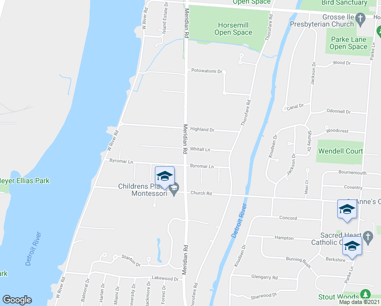 map of restaurants, bars, coffee shops, grocery stores, and more near 21263 Meridian Road in Grosse Ile Township