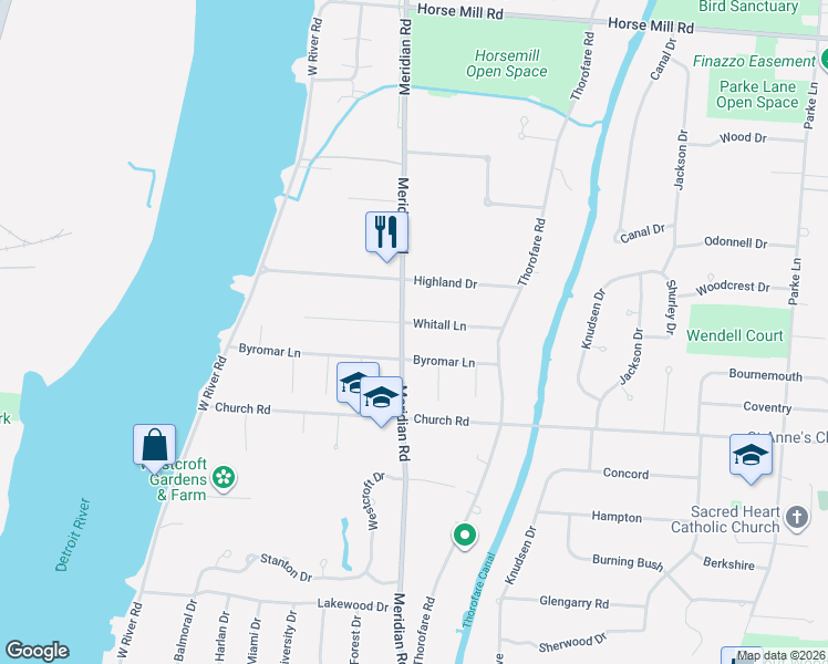 map of restaurants, bars, coffee shops, grocery stores, and more near 21263 Meridian Road in Grosse Ile Township