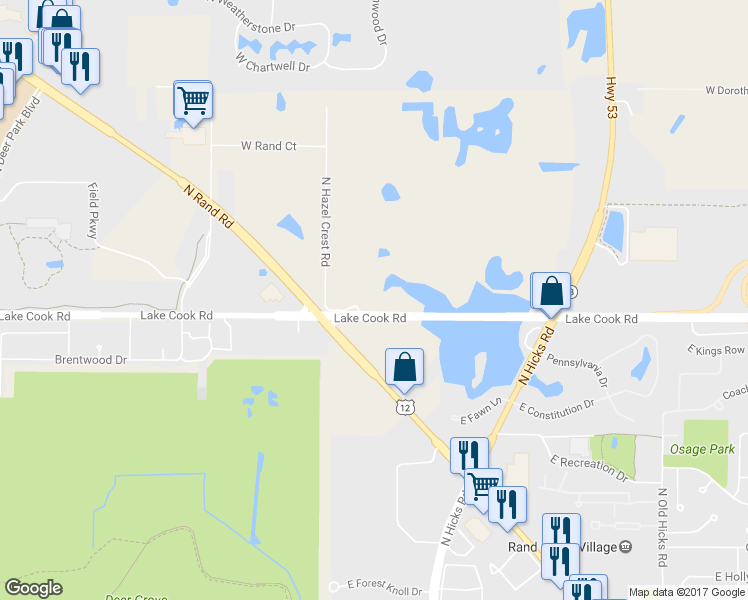 map of restaurants, bars, coffee shops, grocery stores, and more near 20672 Lake Cook Road in Palatine