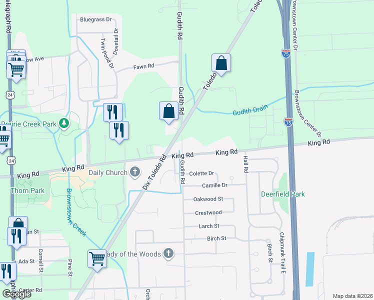 map of restaurants, bars, coffee shops, grocery stores, and more near 20905 Gudith Road in Brownstown Charter Township