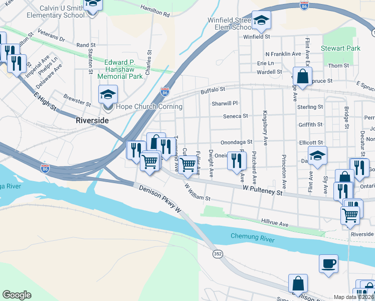 map of restaurants, bars, coffee shops, grocery stores, and more near 314 Onondaga Street in Corning