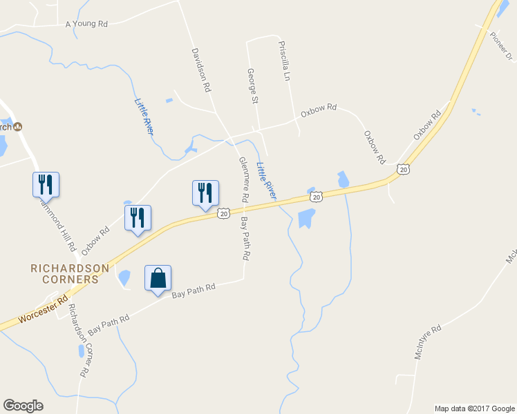 map of restaurants, bars, coffee shops, grocery stores, and more near 0 Southbridge Road in Oxford