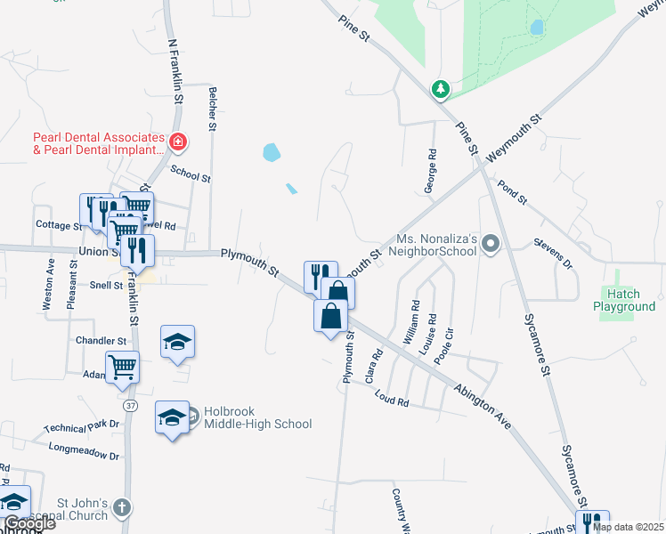 map of restaurants, bars, coffee shops, grocery stores, and more near 28 Weymouth Street in Holbrook