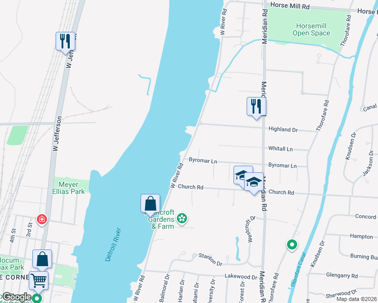 map of restaurants, bars, coffee shops, grocery stores, and more near 21319 West River Road in Grosse Ile Township