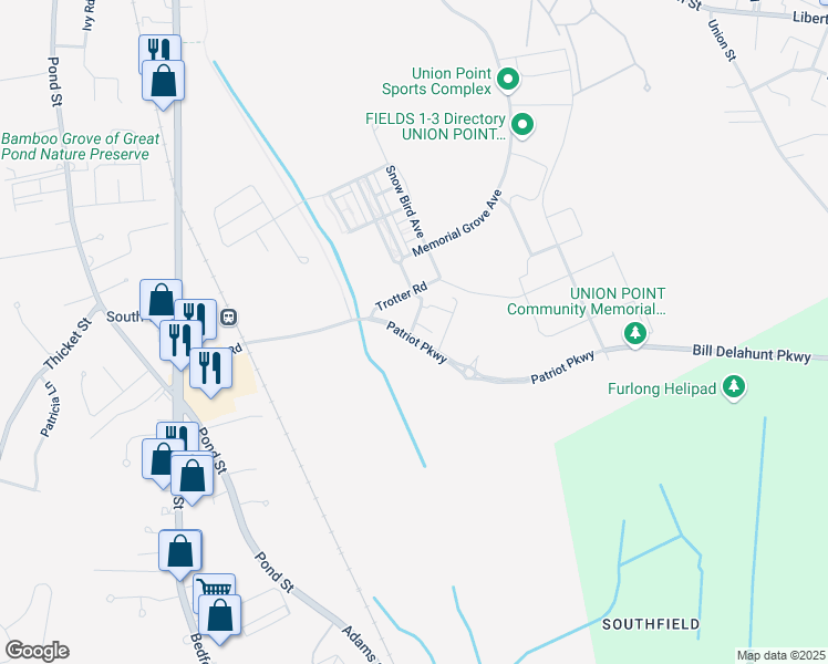 map of restaurants, bars, coffee shops, grocery stores, and more near 30 Patriot Parkway in Weymouth