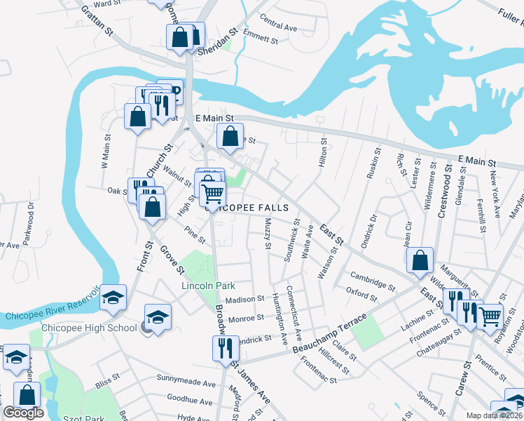 map of restaurants, bars, coffee shops, grocery stores, and more near 29 Page Court in Chicopee