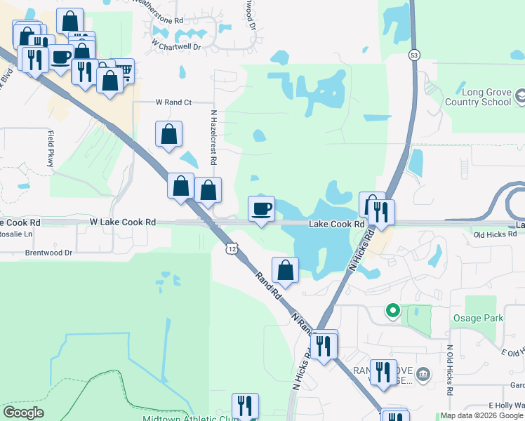 map of restaurants, bars, coffee shops, grocery stores, and more near 20600 Lake Cook Road in Palatine