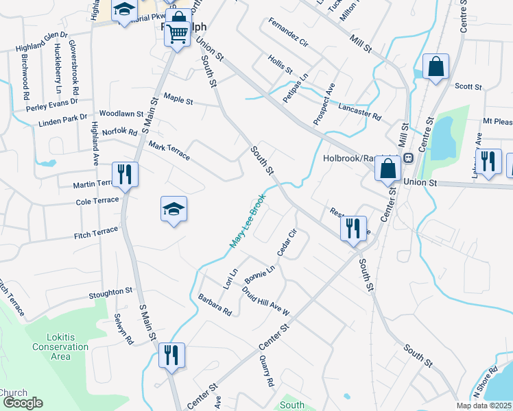 map of restaurants, bars, coffee shops, grocery stores, and more near 29 Nightingale Circle in Randolph