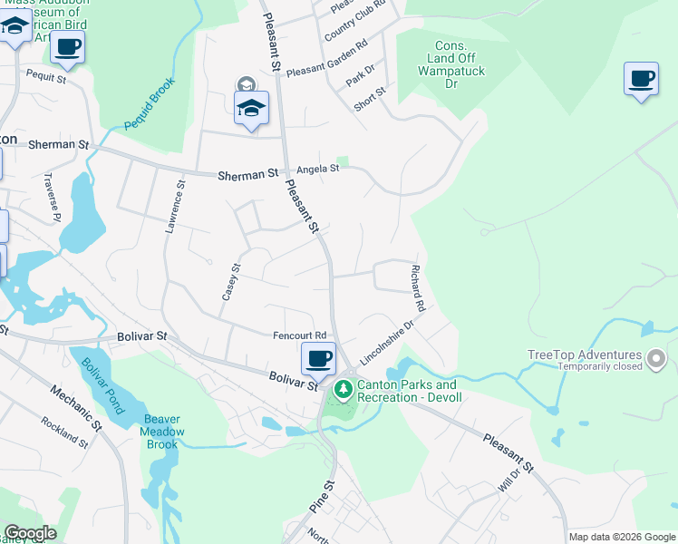 map of restaurants, bars, coffee shops, grocery stores, and more near 740 Pleasant Street in Canton