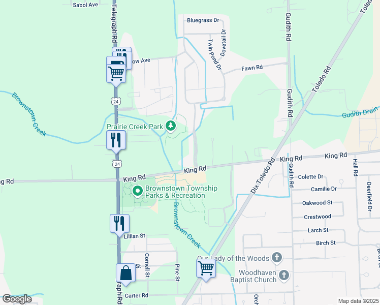 map of restaurants, bars, coffee shops, grocery stores, and more near 20810 Prairie Creek Boulevard in Brownstown Charter Township