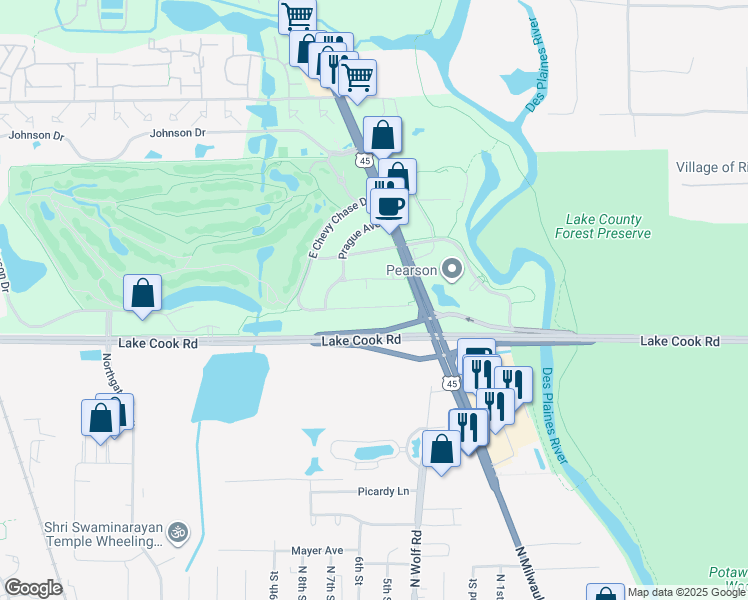 map of restaurants, bars, coffee shops, grocery stores, and more near 14 Linden Avenue in Buffalo Grove