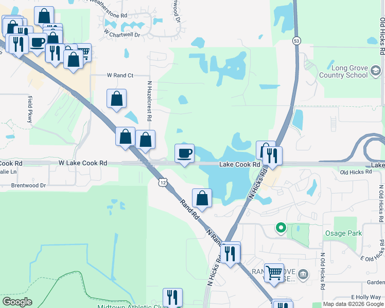 map of restaurants, bars, coffee shops, grocery stores, and more near 20600 Lake Cook Road in Palatine