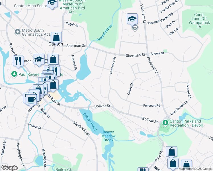map of restaurants, bars, coffee shops, grocery stores, and more near 107 Lawrence Street in Canton