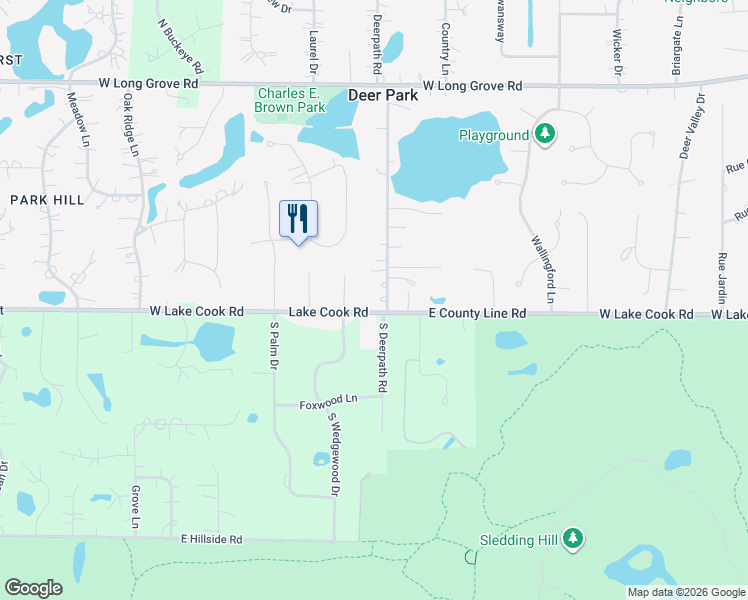 map of restaurants, bars, coffee shops, grocery stores, and more near 20026 Deerpath Road in Deer Park