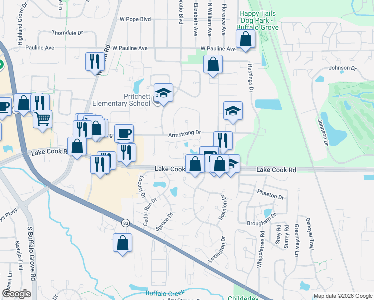 map of restaurants, bars, coffee shops, grocery stores, and more near 282 Le Parc Circle in Buffalo Grove