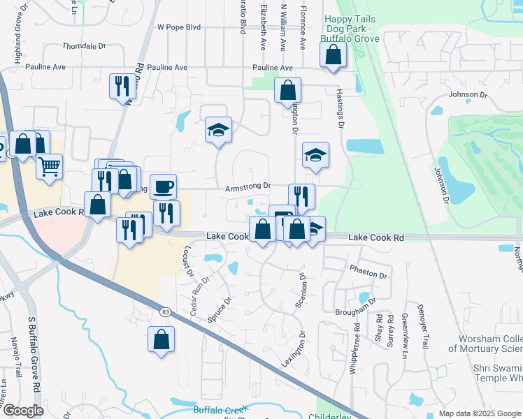 map of restaurants, bars, coffee shops, grocery stores, and more near 272 Le Parc Circle in Buffalo Grove