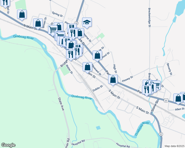 map of restaurants, bars, coffee shops, grocery stores, and more near 1289 South Main Street in Palmer