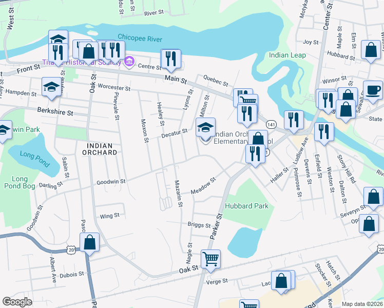 map of restaurants, bars, coffee shops, grocery stores, and more near 22 Goodwin Street in Springfield