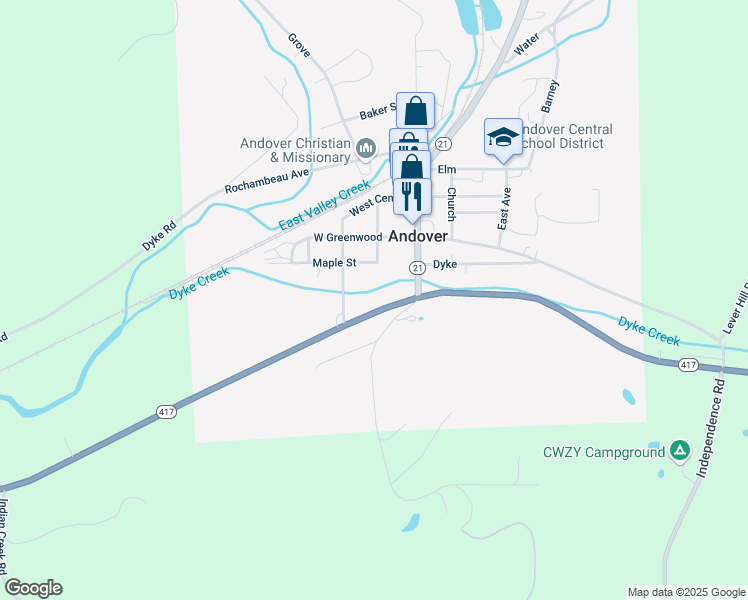 map of restaurants, bars, coffee shops, grocery stores, and more near 16 East Chestnut Street in Andover