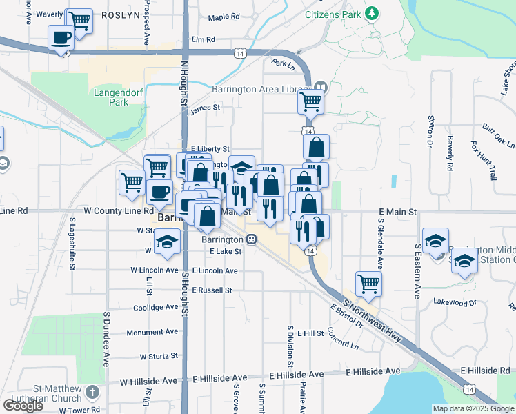 map of restaurants, bars, coffee shops, grocery stores, and more near 111 North Avenue in Barrington