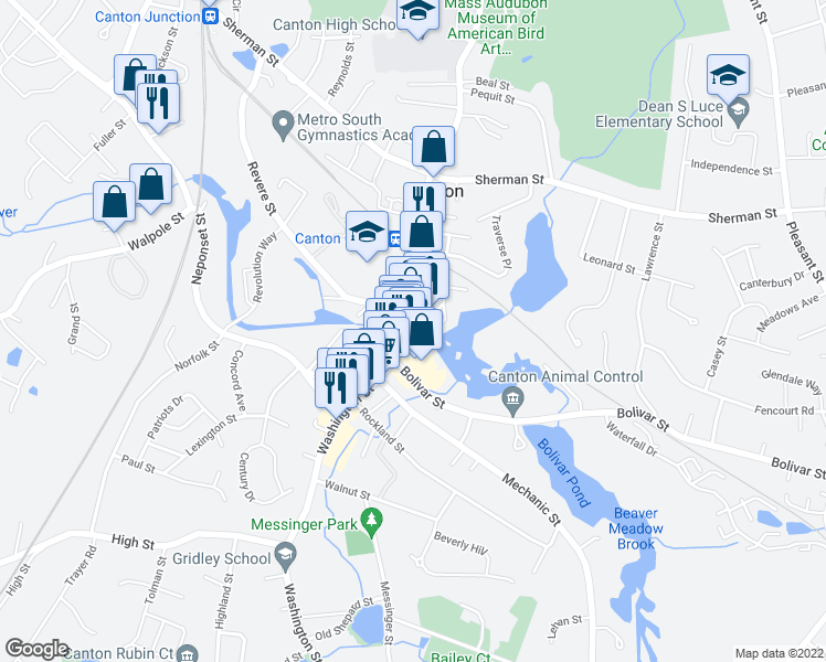 map of restaurants, bars, coffee shops, grocery stores, and more near 645 Washington Street in Canton
