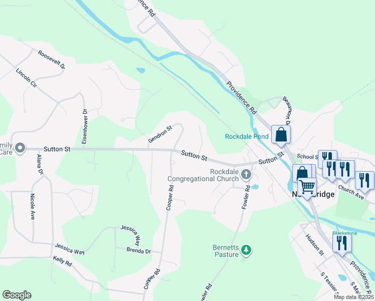 map of restaurants, bars, coffee shops, grocery stores, and more near 9 Violette Circle in Northbridge