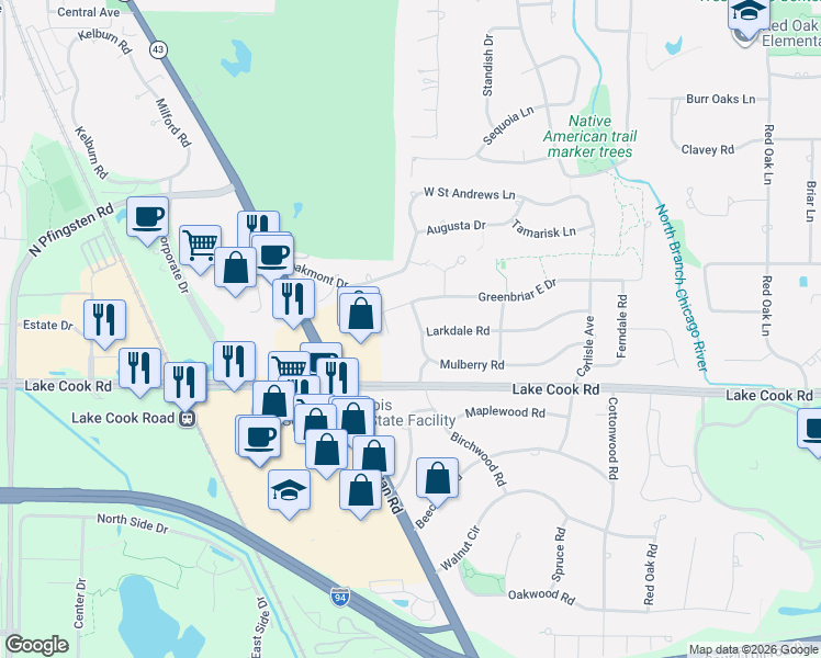 map of restaurants, bars, coffee shops, grocery stores, and more near 94 Ellendale Road in Deerfield