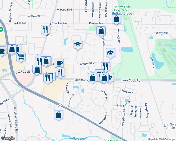 map of restaurants, bars, coffee shops, grocery stores, and more near 282 Le Parc Circle in Buffalo Grove