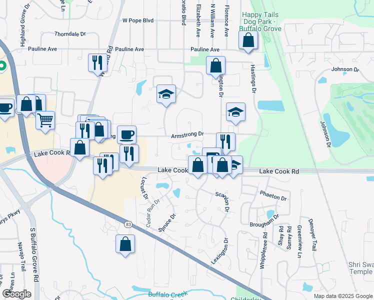 map of restaurants, bars, coffee shops, grocery stores, and more near 282 Le Parc Circle in Buffalo Grove