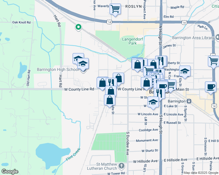 map of restaurants, bars, coffee shops, grocery stores, and more near 344 West Main Street in Barrington