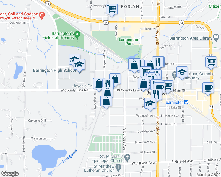 map of restaurants, bars, coffee shops, grocery stores, and more near 344 West Main Street in Barrington