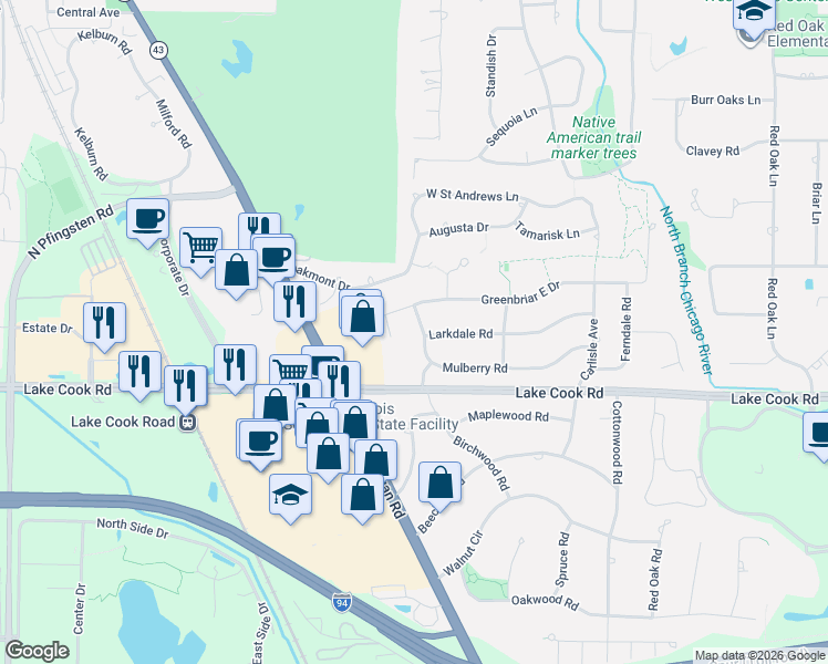 map of restaurants, bars, coffee shops, grocery stores, and more near 94 Ellendale Road in Deerfield