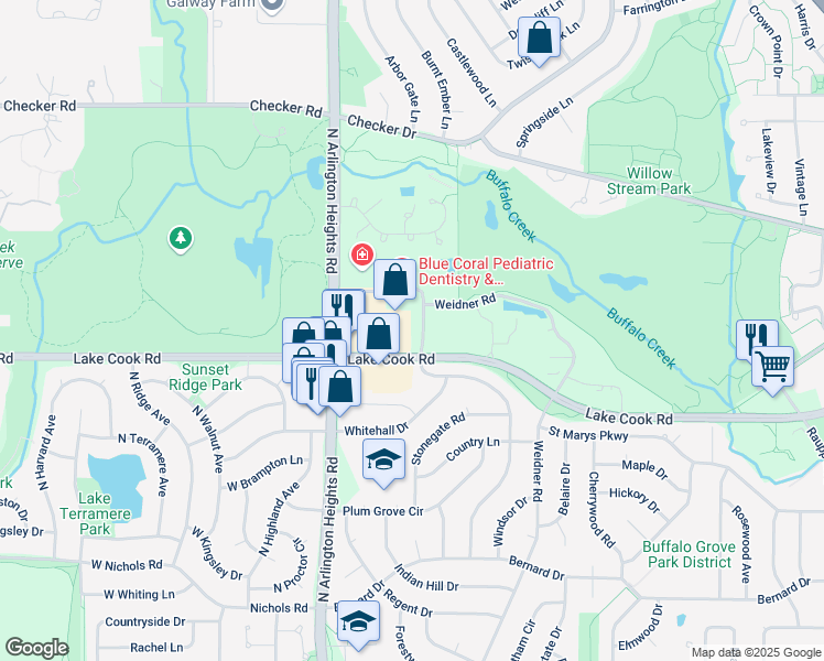 map of restaurants, bars, coffee shops, grocery stores, and more near 1120 West Lake Cook Road in Buffalo Grove