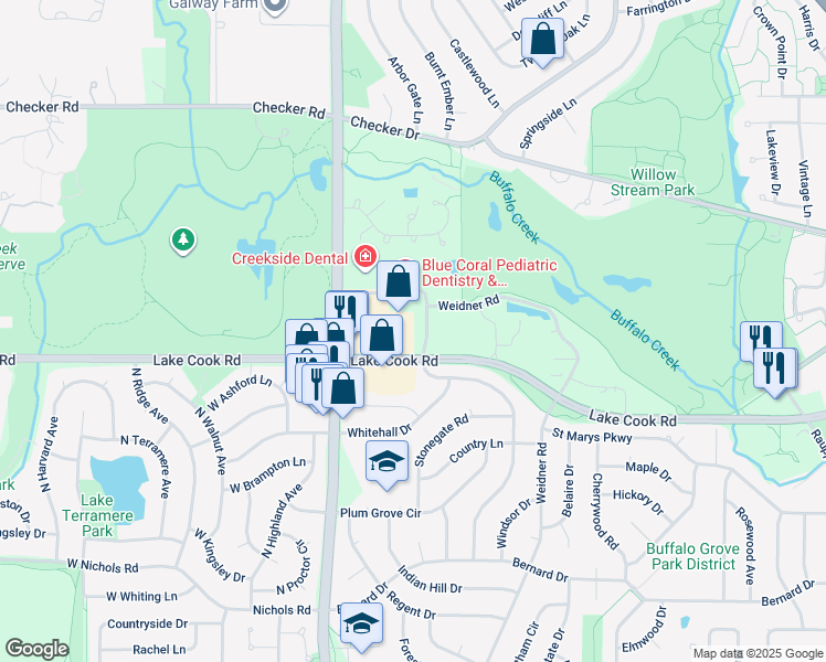 map of restaurants, bars, coffee shops, grocery stores, and more near 1120 West Lake Cook Road in Buffalo Grove