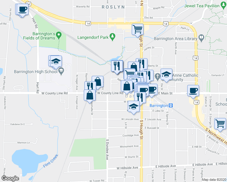 map of restaurants, bars, coffee shops, grocery stores, and more near 224 West Main Street in Barrington
