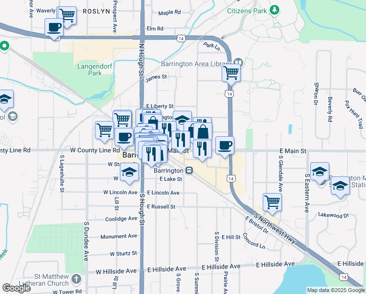 map of restaurants, bars, coffee shops, grocery stores, and more near 312 East Main Street in Barrington